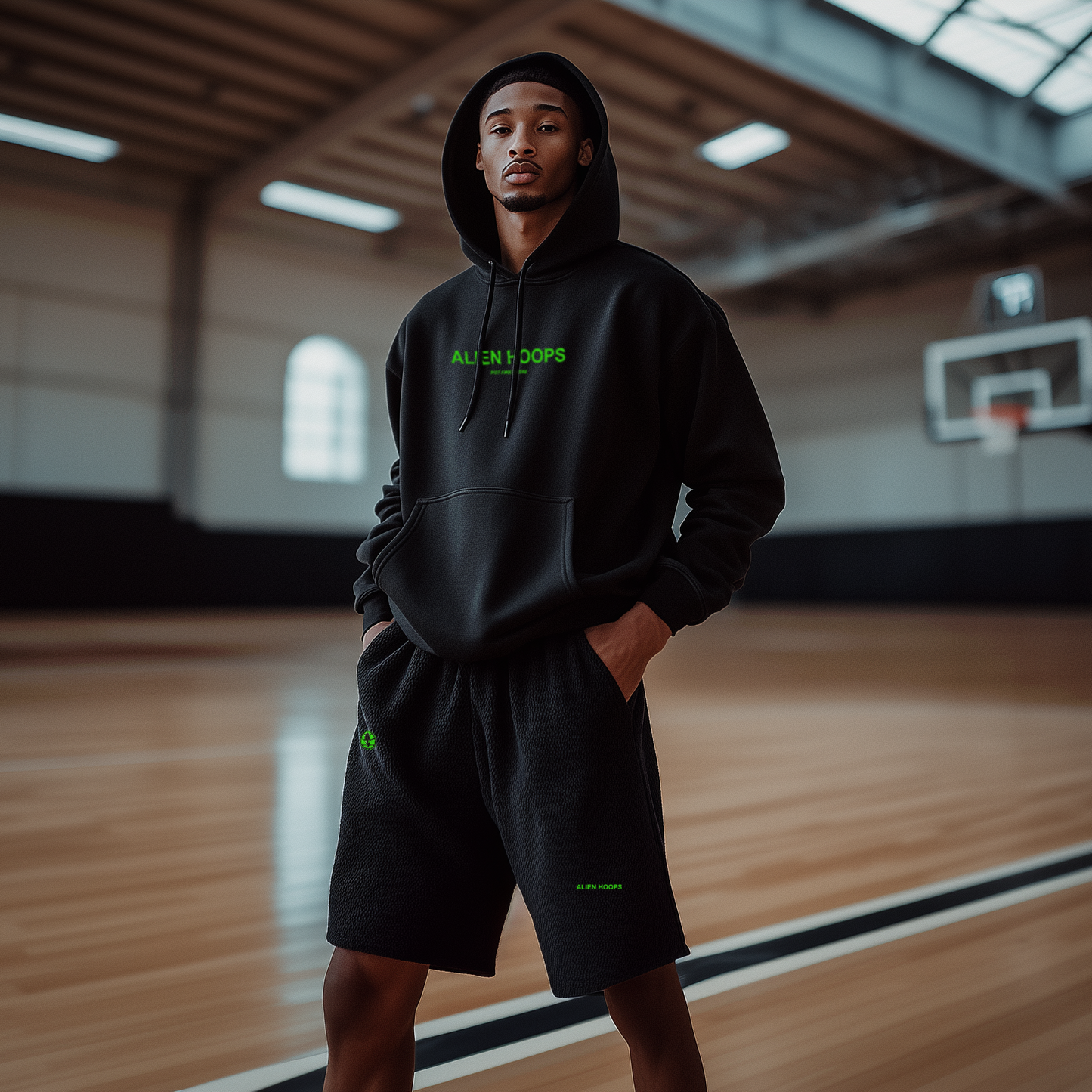 Alien Tech Elite Sweatsuit, Alien Tech Elite Fleece Shorts, shorts, fleece shorts, basketball shorts, alien hoops shorts, black and green, boy model
