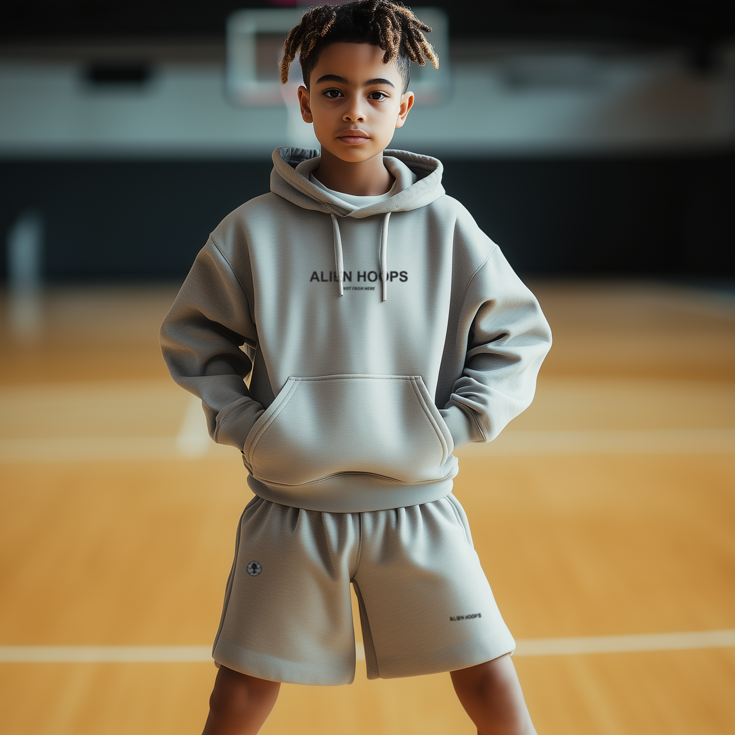Alien Tech Elite Sweatsuit, Alien Tech Elite Fleece Shorts, shorts, fleece shorts, basketball shorts, alien hoops shorts, gray and black, boy model