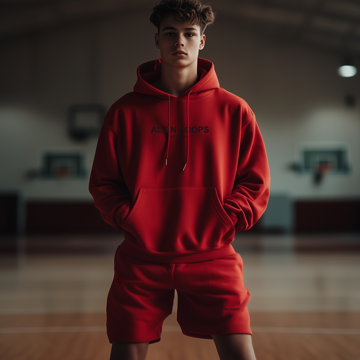 Alien Tech Elite Sweatsuit, Alien Tech Elite Fleece Shorts, shorts, fleece shorts, basketball shorts, alien hoops shorts, black and red, boy model