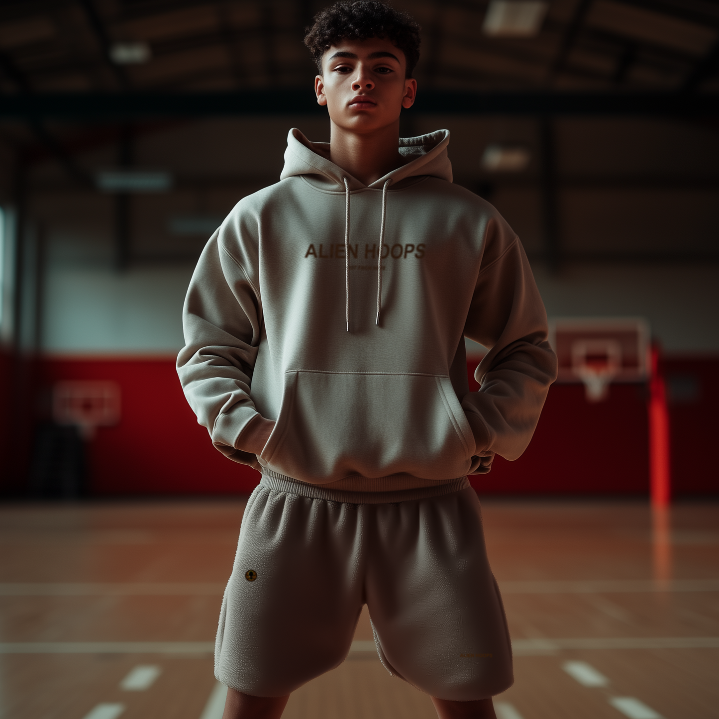 Alien Tech Elite Sweatsuit, Alien Tech Elite Fleece Shorts, shorts, fleece shorts, basketball shorts, alien hoops shorts, tan and brown, boy model