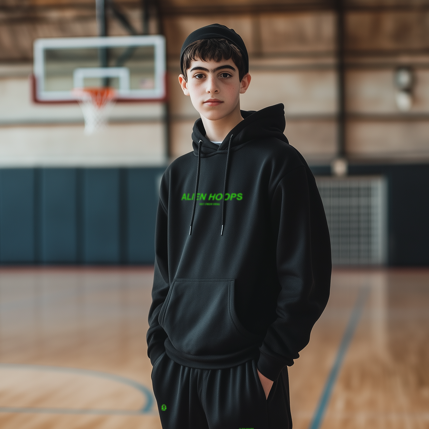 Alien Tech Elite Sweatsuit, Alien Tech Elite Pullover Hoodie, hoodie, pullover hoodie, basketball hoodie, black and green, boy model