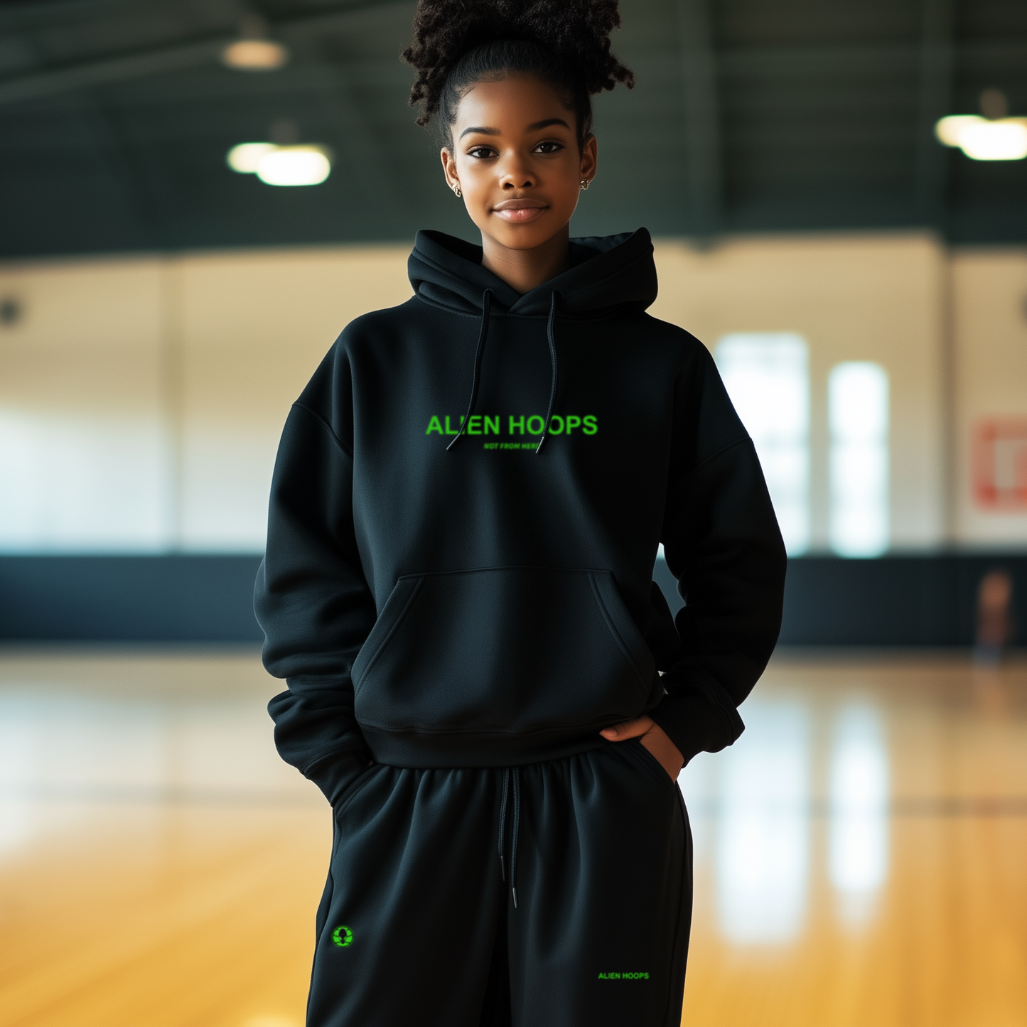 Alien Tech Elite Sweatsuit, Alien Tech Elite Fleece sweatpants, sweatpants, fleece sweatpants, basketball sweatpants, alien hoops sweatpants, black and green, girl model