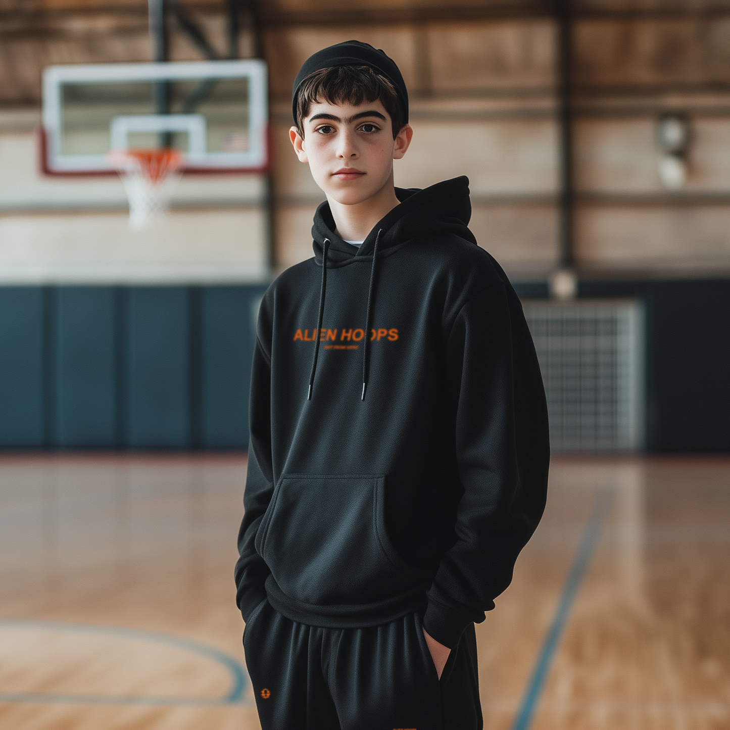 Alien Tech Elite Sweatsuit, Alien Tech Elite Fleece sweatpants, sweatpants, fleece sweatpants, basketball sweatpants, alien hoops sweatpants, black and orange, boy model