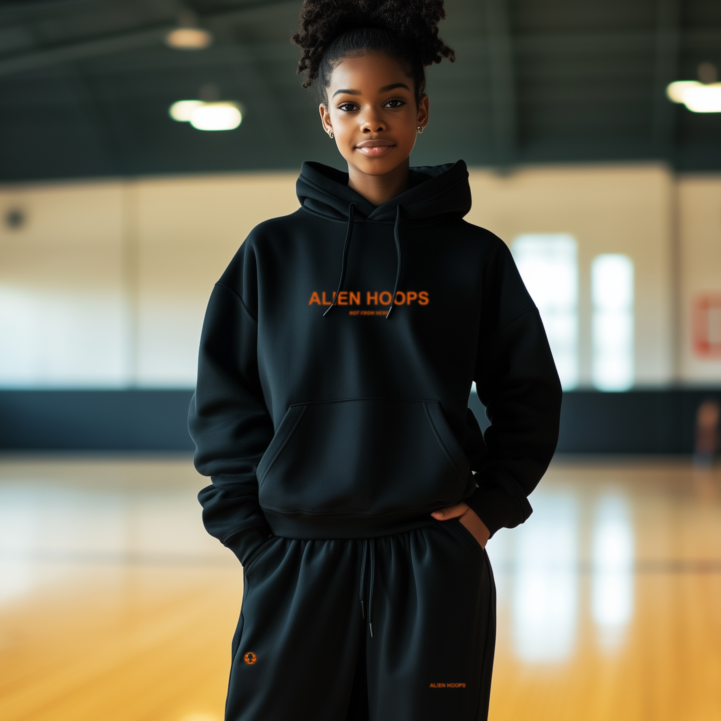 Alien Tech Elite Sweatsuit, Alien Tech Elite Fleece sweatpants, sweatpants, fleece sweatpants, basketball sweatpants, alien hoops sweatpants, black and orange, girl model