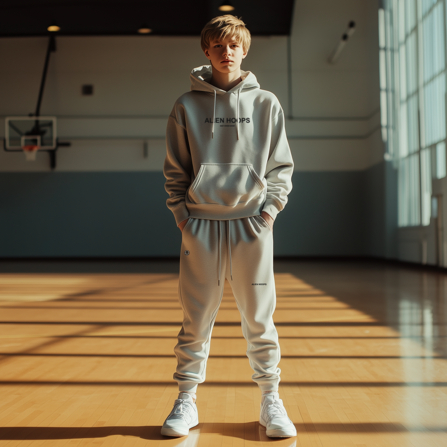 Alien Tech Elite Sweatsuit, Alien Tech Elite Pullover Hoodie, hoodie, pullover hoodie, basketball hoodie, gray and black, boy model