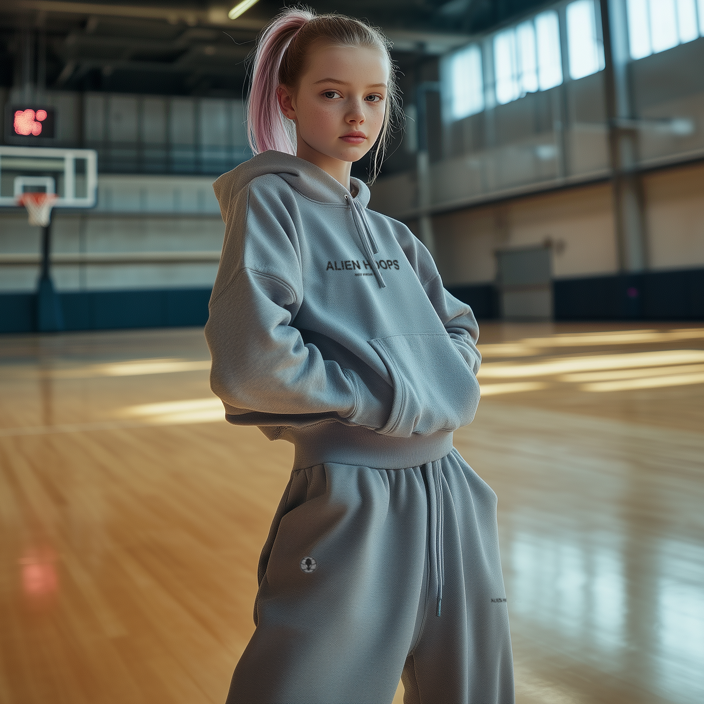 Alien Tech Elite Sweatsuit, Alien Tech Elite Sweatpants, sweatpants, sweatpants, basketball sweatpants, gray and black, girl model