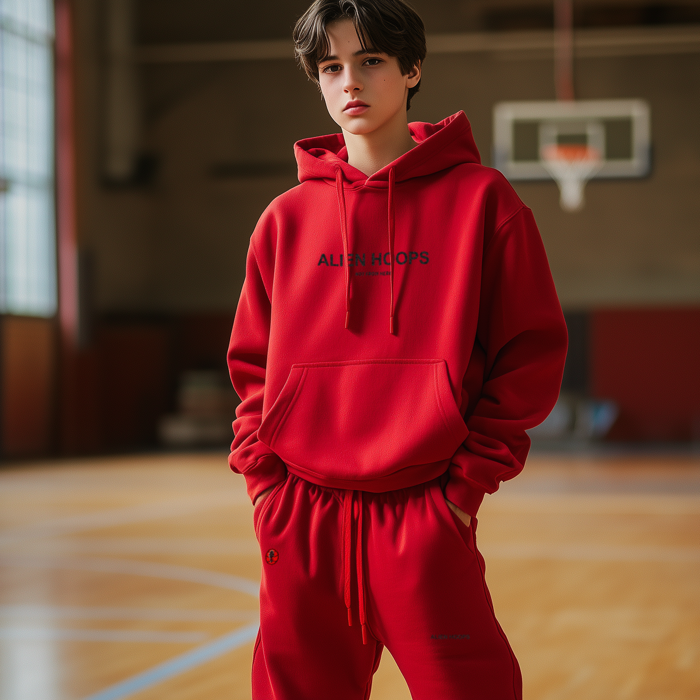 Alien Tech Elite Sweatsuit, Alien Tech Elite Sweatpants, sweatpants, sweatpants, basketball sweatpants, red and black, boy model