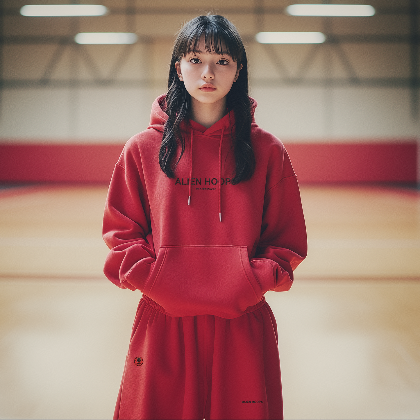 Alien Tech Elite Sweatsuit, Alien Tech Elite Pullover Hoodie, hoodie, pullover hoodie, basketball hoodie, black and red, girl model