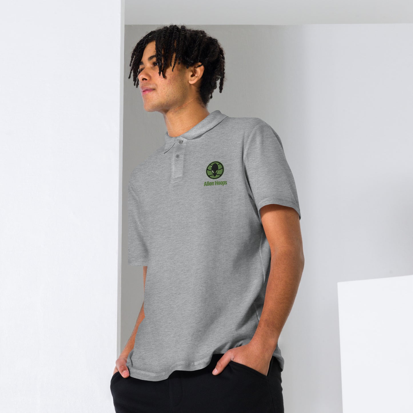 alien hoops polo, basketball polo shirt, coaches shirt, side view 2