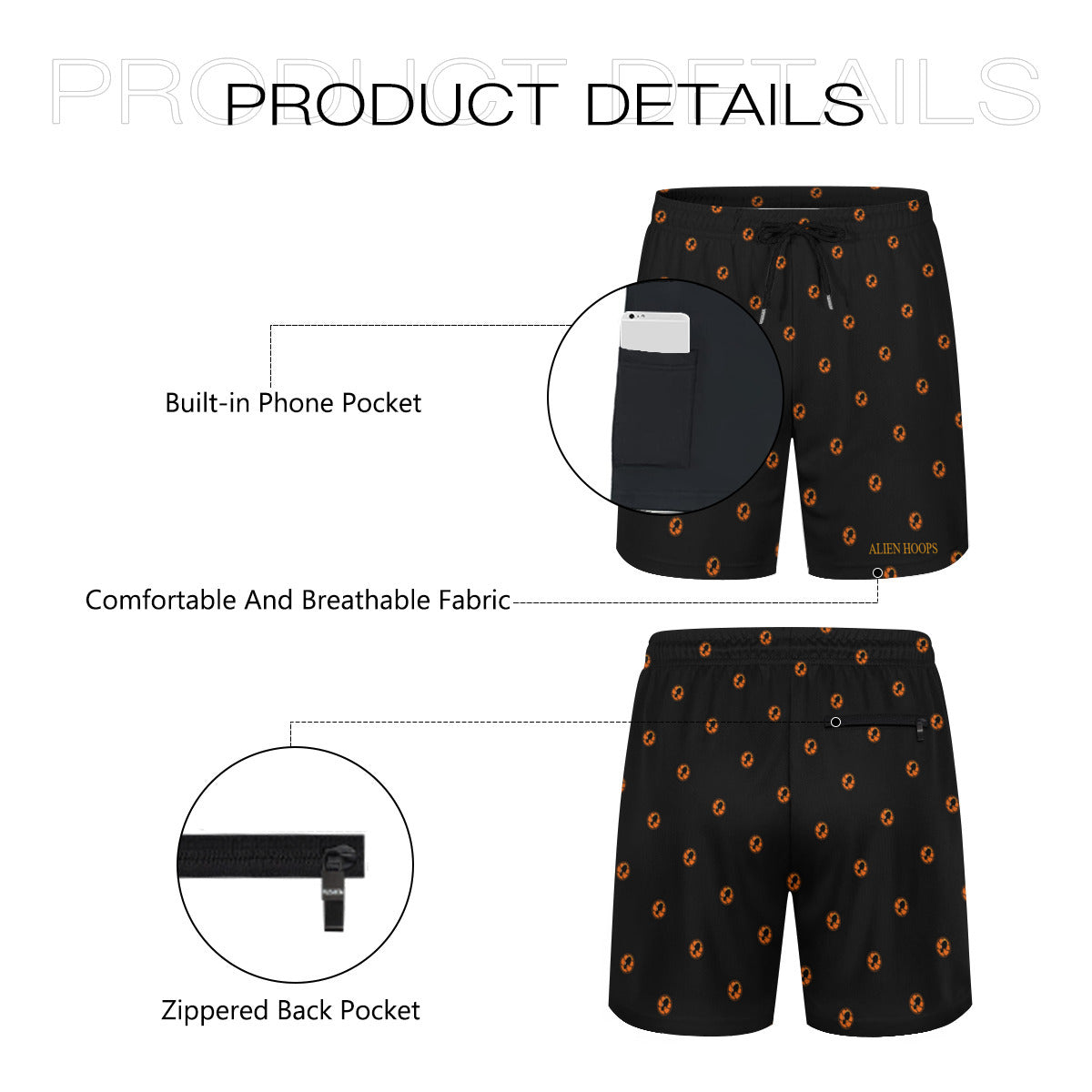 Youth Alien Hoops Training Shorts, two side pockets, one hidden pocket