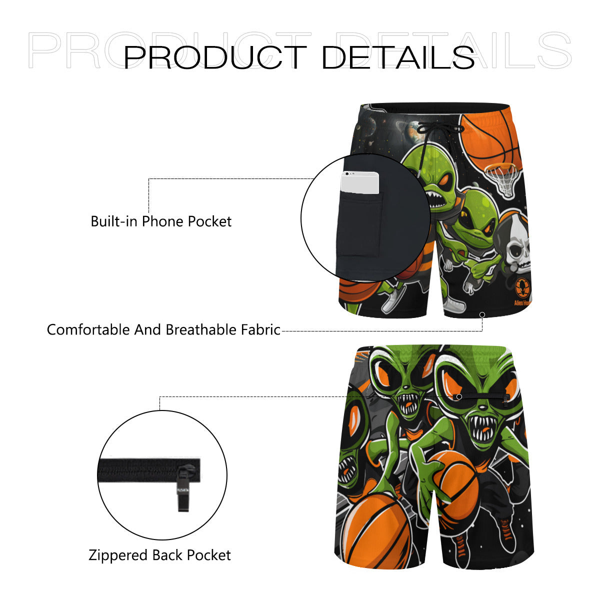 Youth Alien Hoops Training Shorts, two side pockets, one hidden pocket