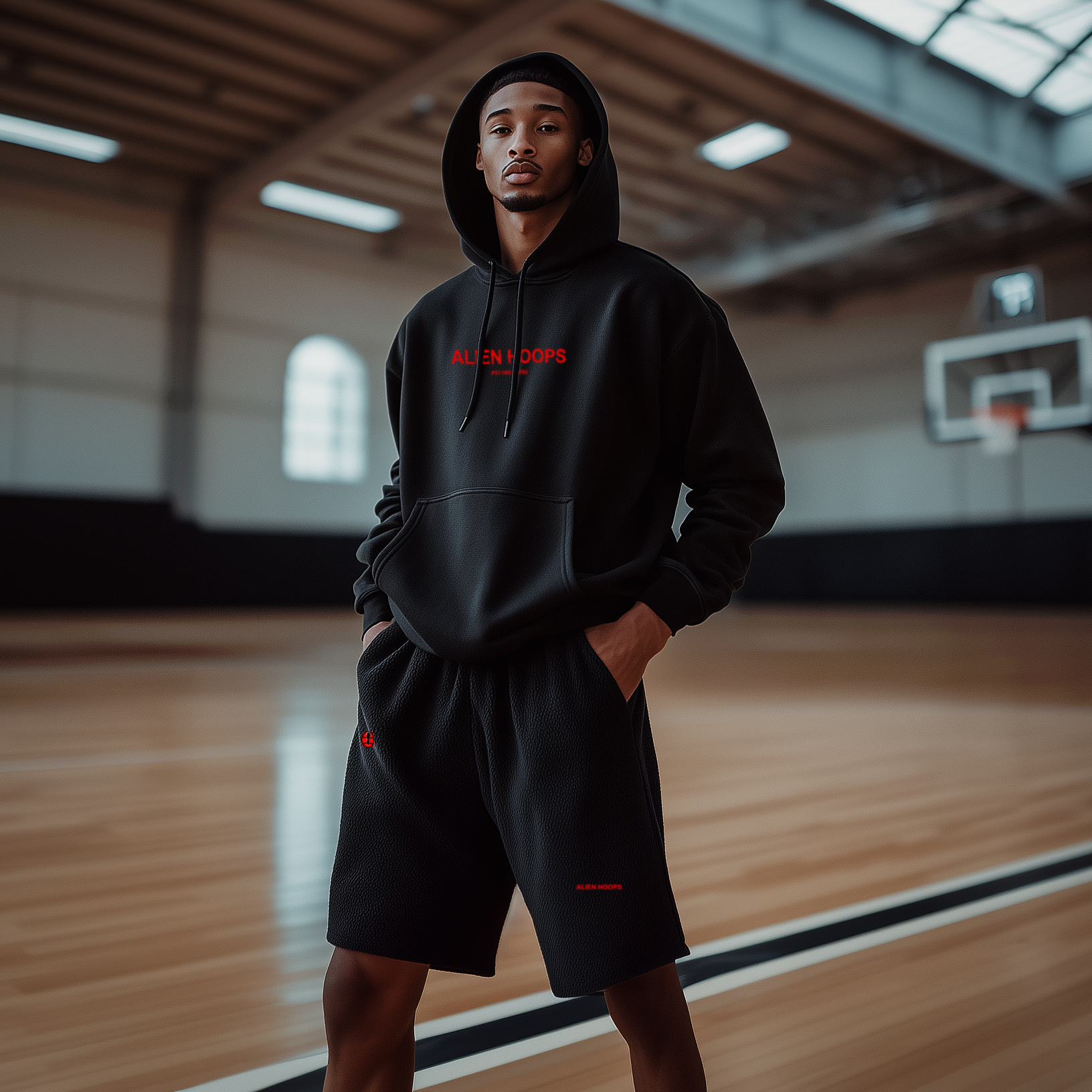 Alien Tech Elite Sweatsuit, Alien Tech Elite Fleece Shorts, shorts, fleece shorts, basketball shorts, alien hoops shorts, black and red, boy model