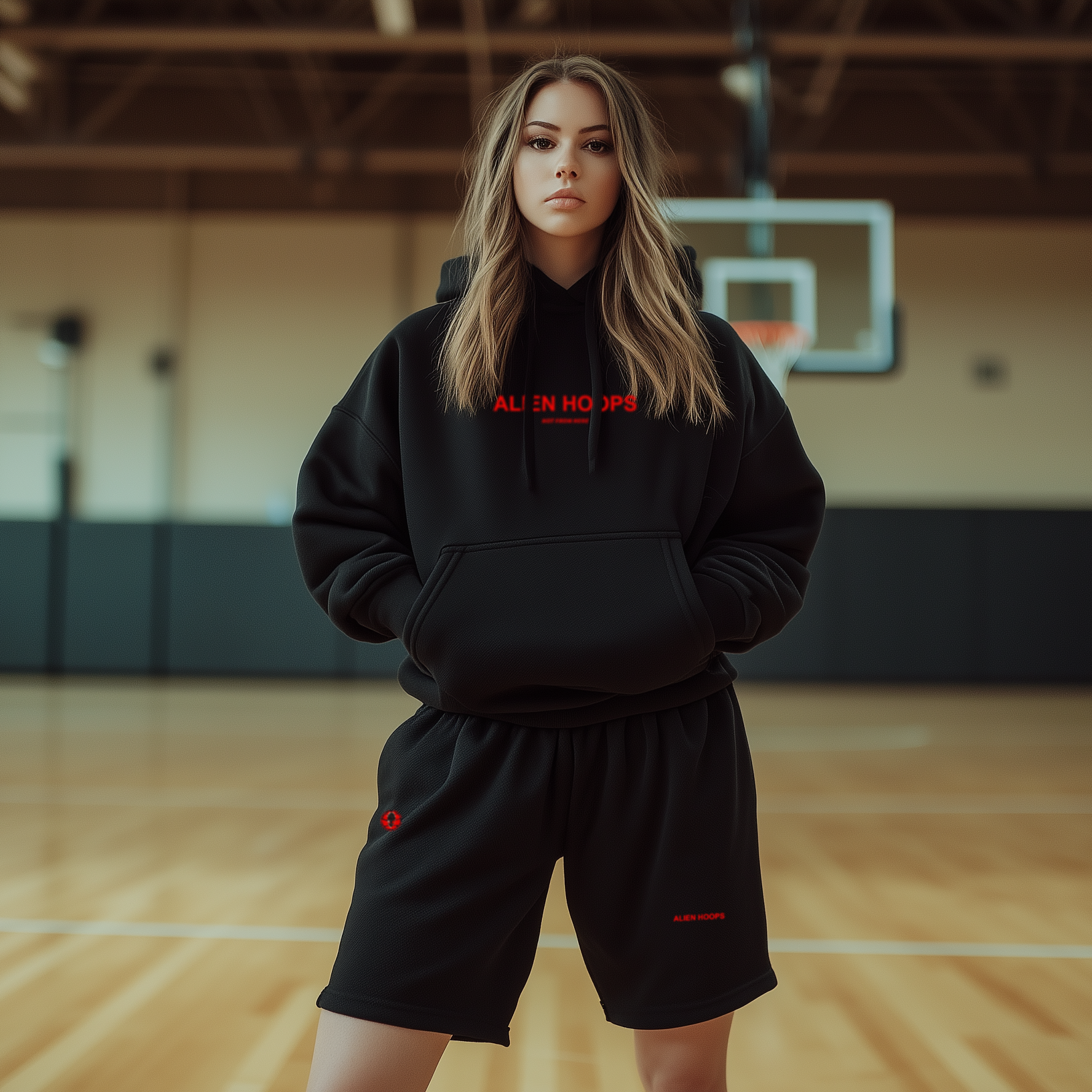 Alien Tech Elite Sweatsuit, Alien Tech Elite Fleece Shorts, shorts, fleece shorts, basketball shorts, alien hoops shorts, black and red, girl model