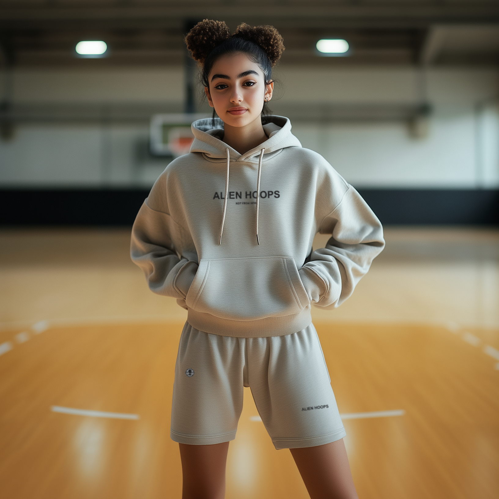 Alien Tech Elite Sweatsuit, Alien Tech Elite Fleece Shorts, shorts, fleece shorts, basketball shorts, alien hoops shorts, gray and black, girl model