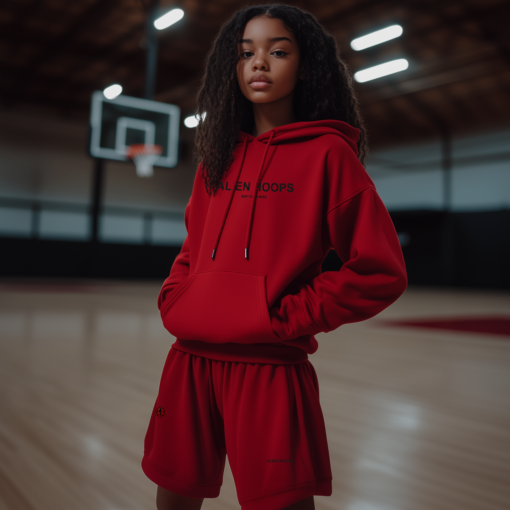 Alien Tech Elite Sweatsuit, Alien Tech Elite Fleece Shorts, shorts, fleece shorts, basketball shorts, alien hoops shorts, black and red, girl model
