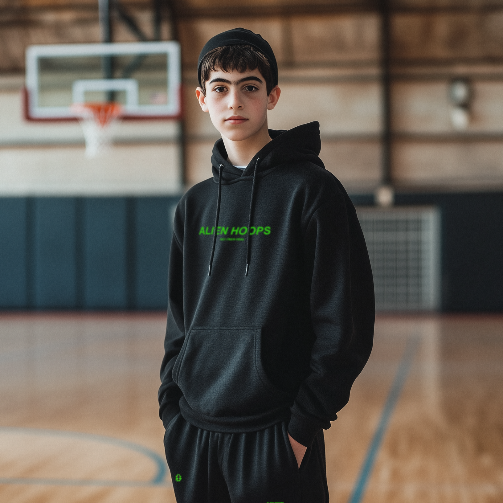 Alien Tech Elite Sweatsuit, Alien Tech Elite Fleece sweatpants, sweatpants, fleece sweatpants, basketball sweatpants, alien hoops sweatpants, black and green, boy model