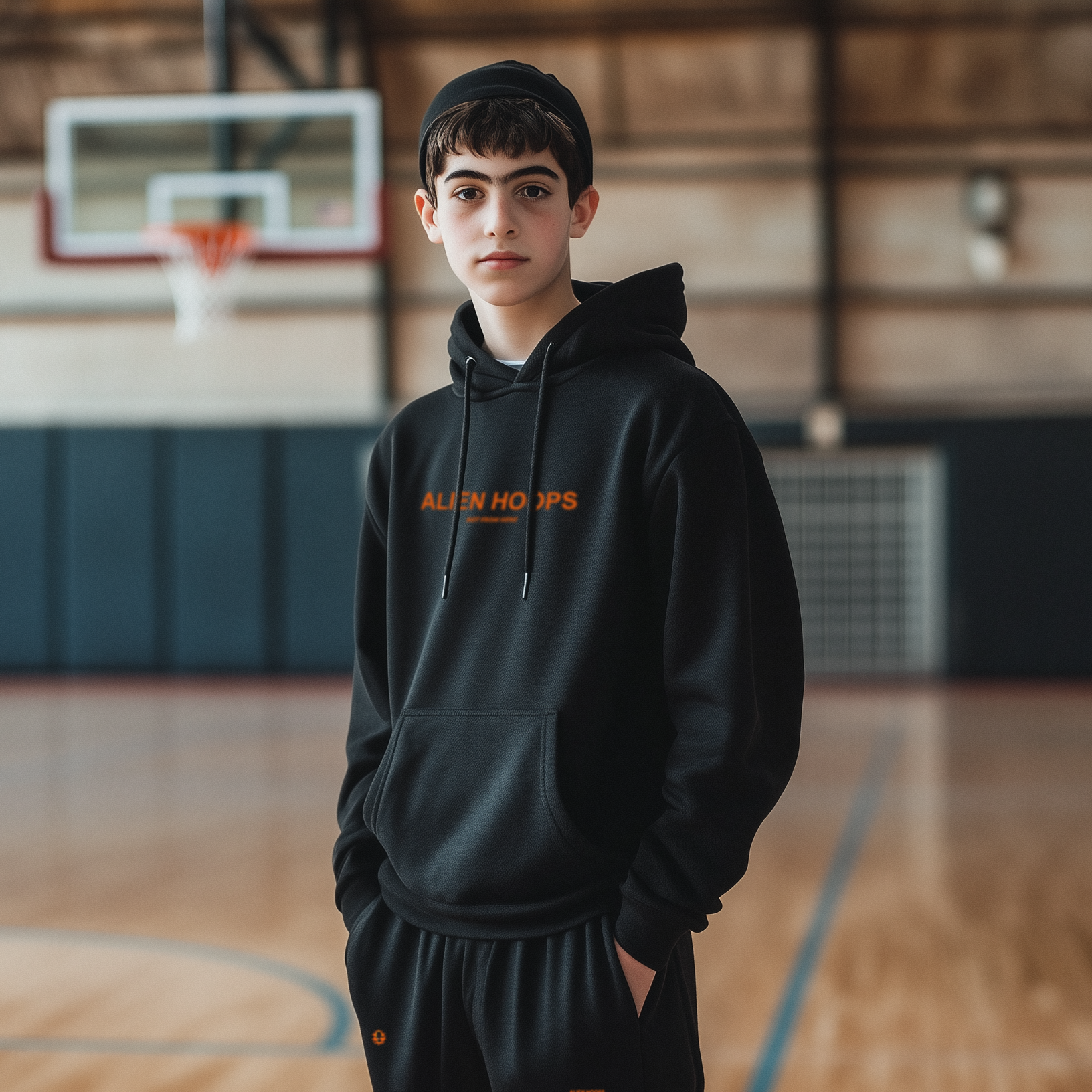 Alien Tech Elite Sweatsuit, Alien Tech Elite Pullover Hoodie, hoodie, pullover hoodie, basketball hoodie, black and orange, boy model