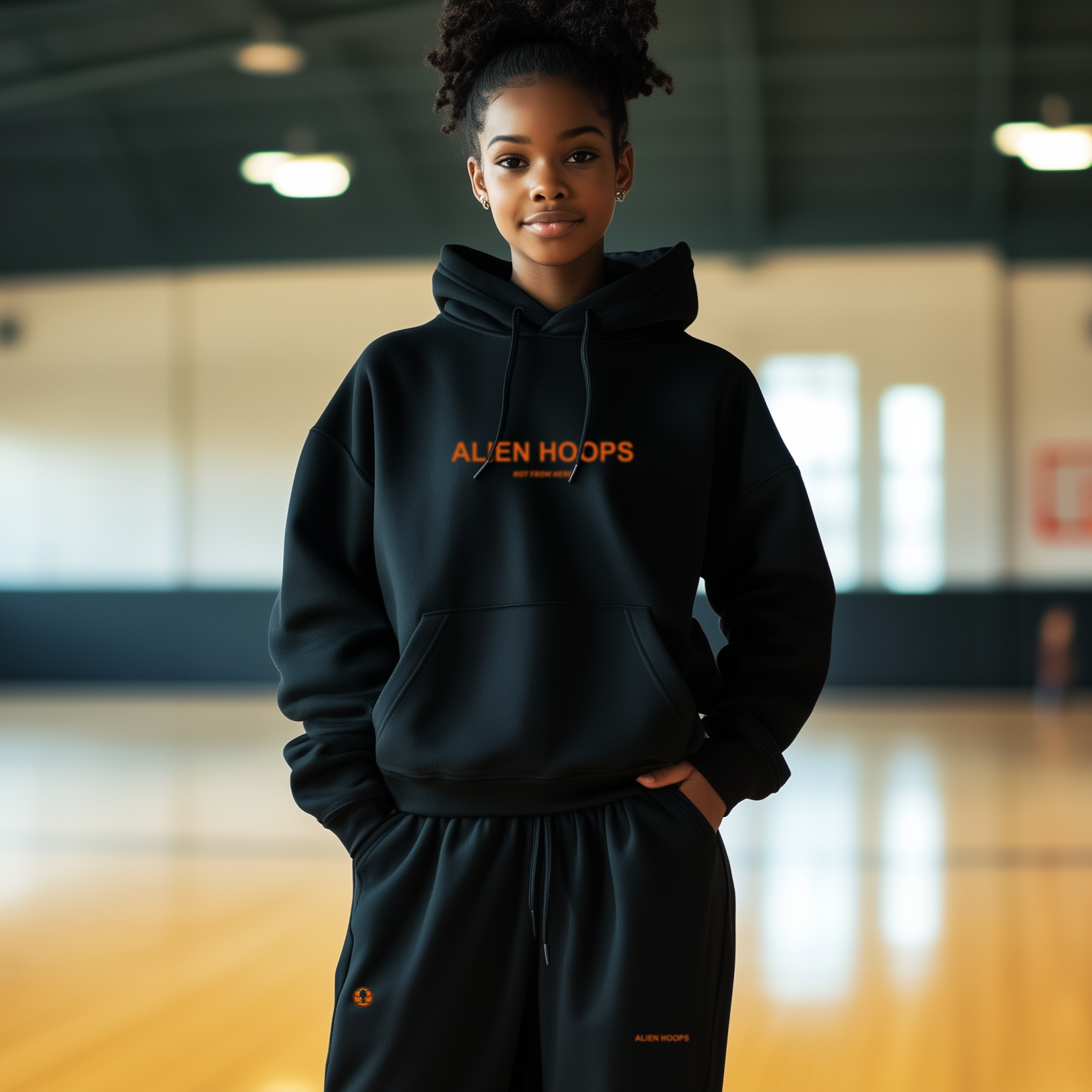 Alien Tech Elite Sweatsuit, Alien Tech Elite Pullover Hoodie, hoodie, pullover hoodie, basketball hoodie, black and orange, girl model