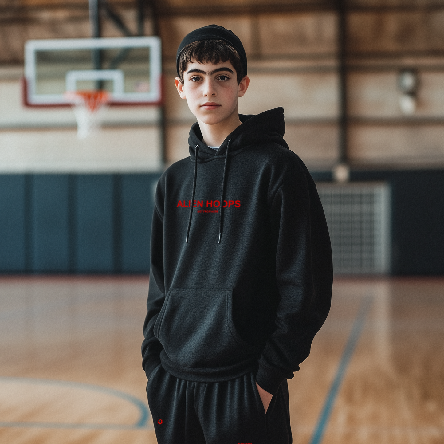 Alien Tech Elite Sweatsuit, Alien Tech Elite Pullover Hoodie, hoodie, pullover hoodie, basketball hoodie, black and red, boy model