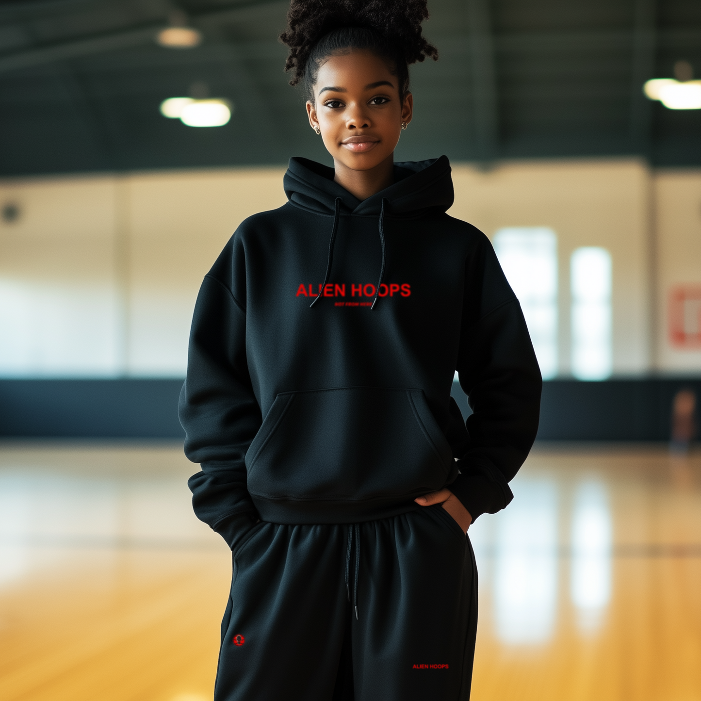 Alien Tech Elite Sweatsuit, Alien Tech Elite Pullover Hoodie, hoodie, pullover hoodie, basketball hoodie, black and red, girl model