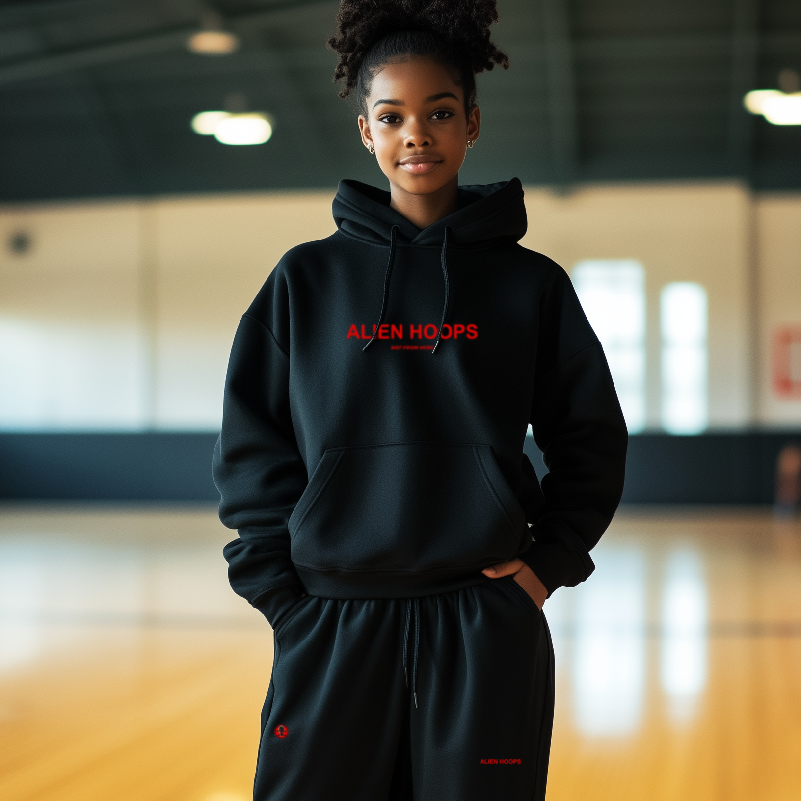 Alien Tech Elite Sweatsuit, Alien Tech Elite Sweatpants, sweatpants, sweatpants, basketball sweatpants, black and red, girl model