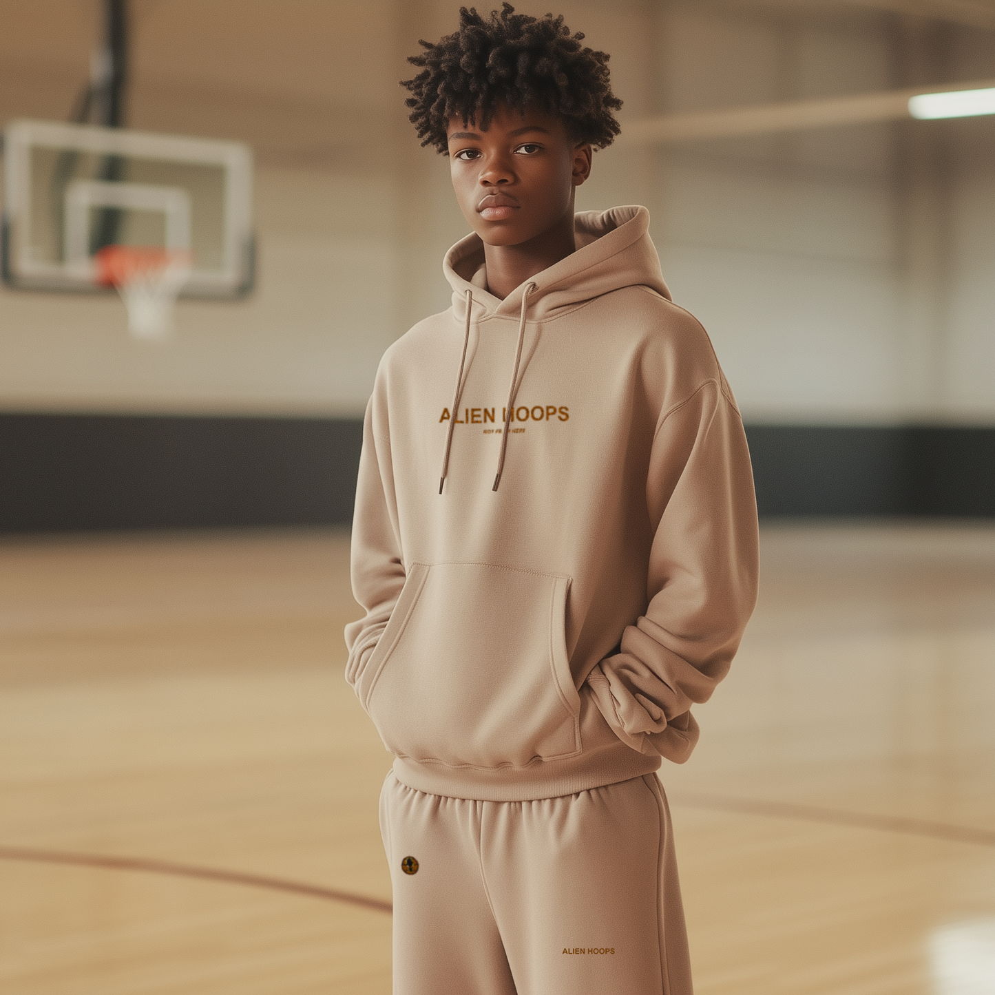 Alien Tech Elite Sweatsuit, Alien Tech Elite Pullover Hoodie, hoodie, pullover hoodie, basketball hoodie, tan and brown, boy model