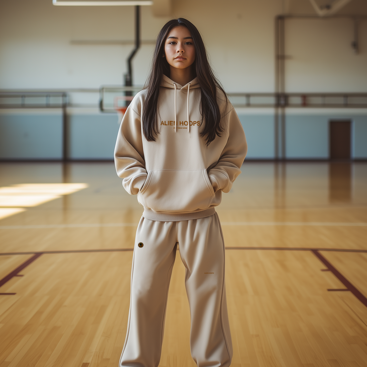 Alien Tech Elite Sweatsuit, Alien Tech Elite Sweatpants, sweatpants, sweatpants, basketball sweatpants, tan and brown, girl model