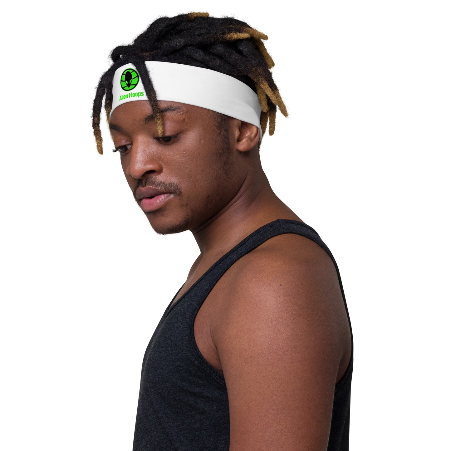 alien hoops headband, head gear, sweatband, white sweatband, left side