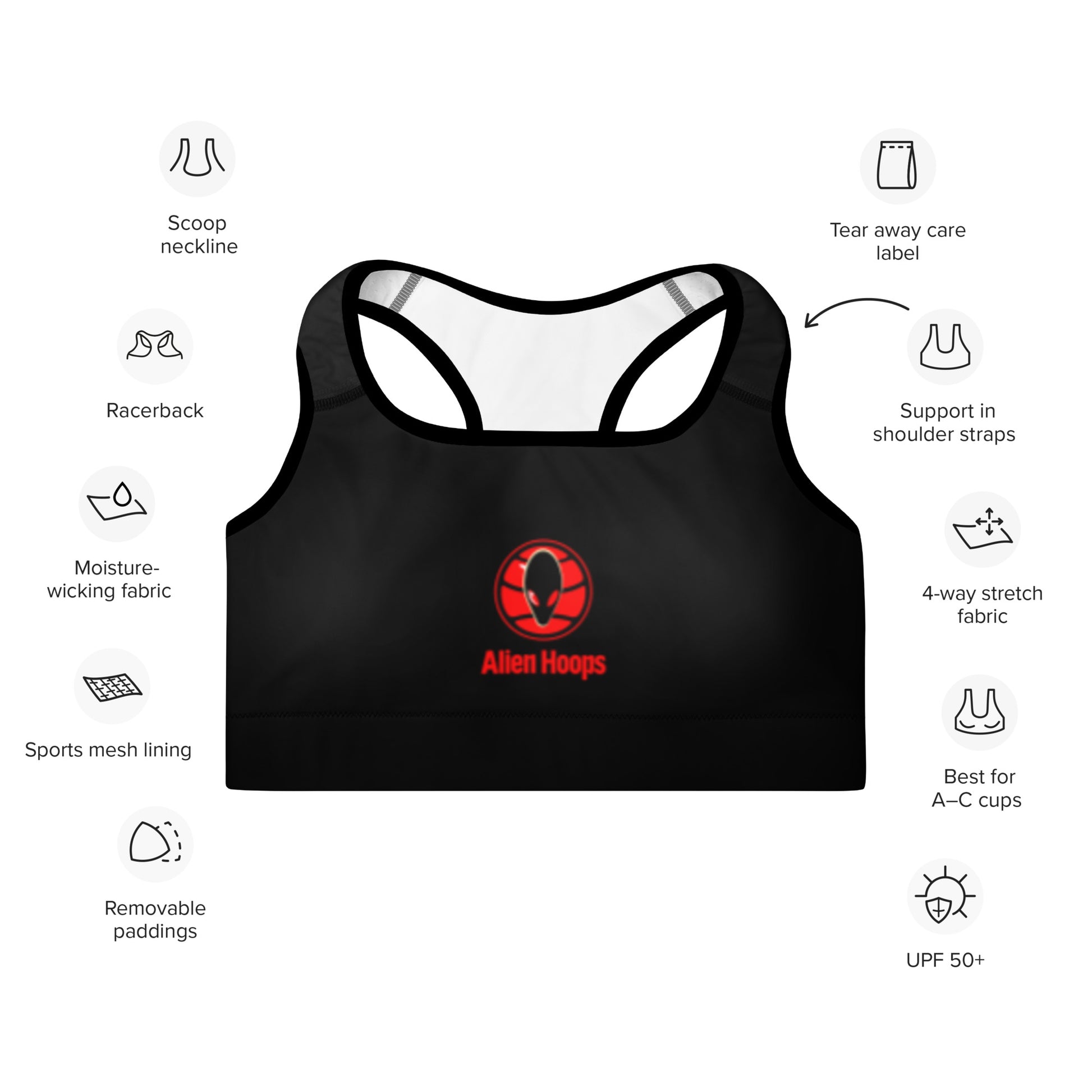 Women's Padded Sports Bra, Four-Way Stretch Sports Bra, Alien Hoops Sports Bra