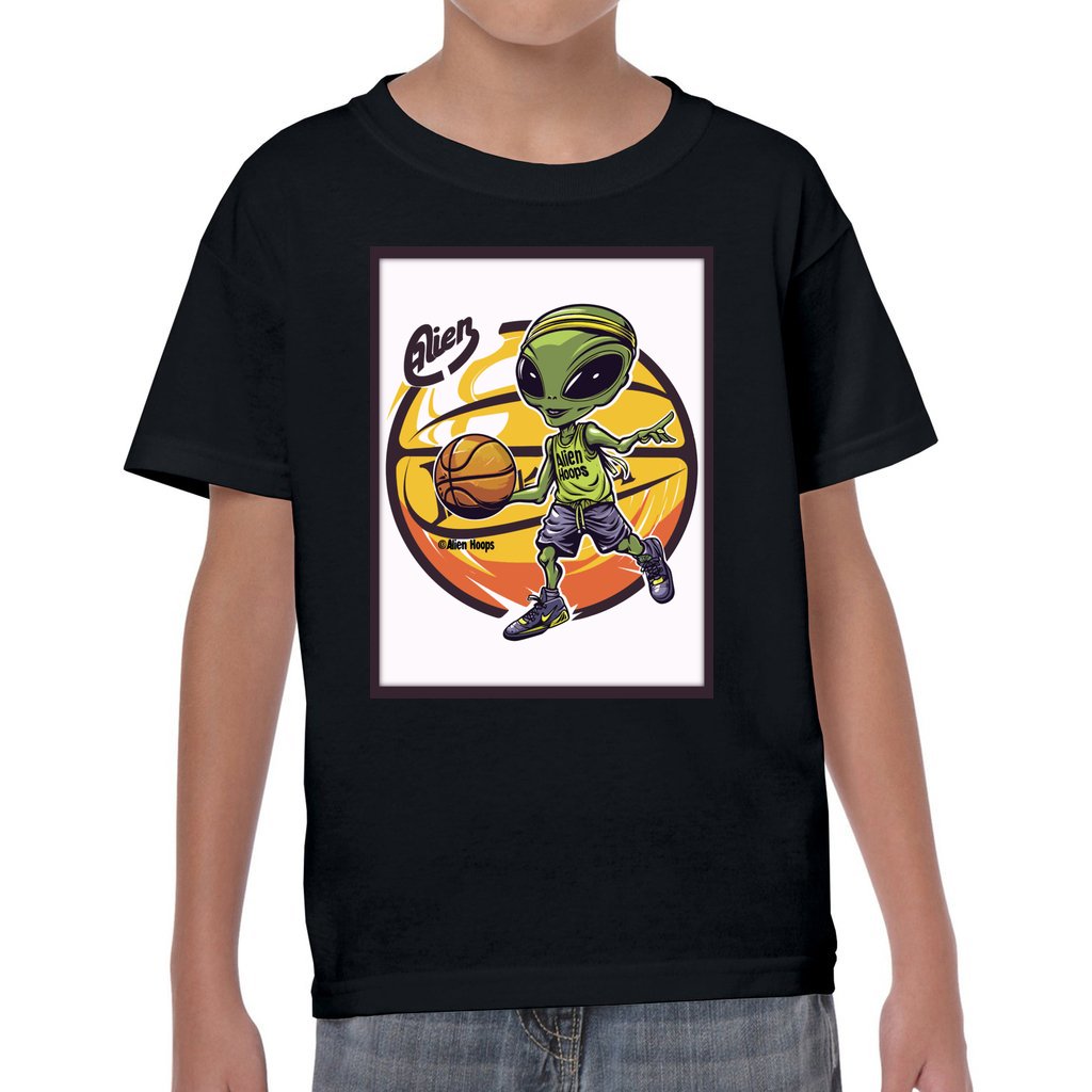 Youth Alien Hoops T-Shirt, classic ribbed collar, curl-resistant design