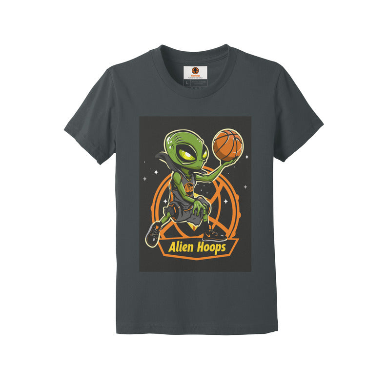 Youth Alien Hoops T-Shirt, classic ribbed collar, curl-resistant design