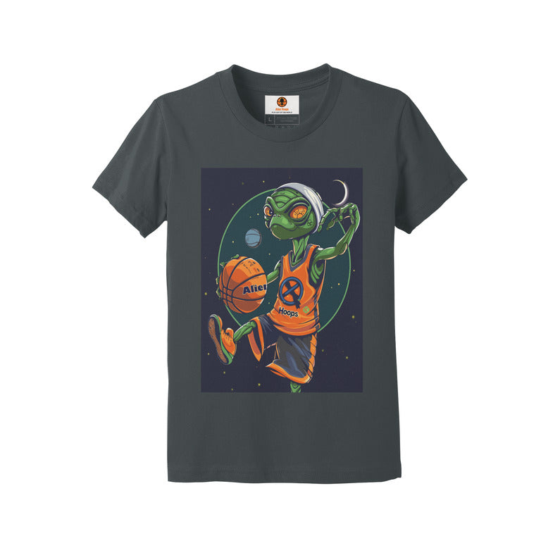 Youth Alien Hoops T-Shirt, classic ribbed collar, curl-resistant design