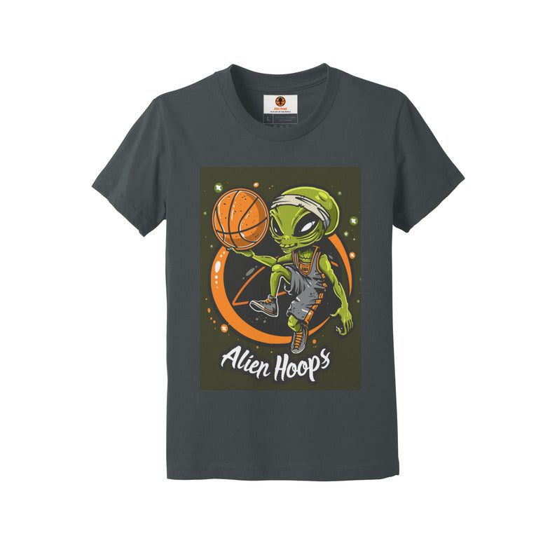 Youth Alien Hoops T-Shirt, classic ribbed collar, curl-resistant design