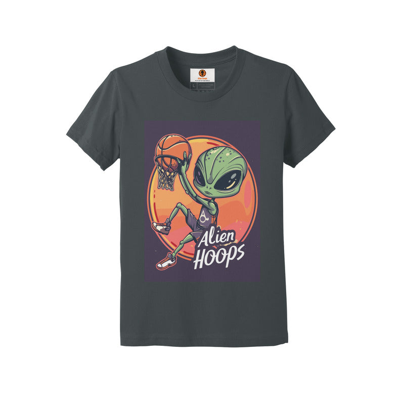 Youth Alien Hoops T-Shirt, classic ribbed collar, curl-resistant design