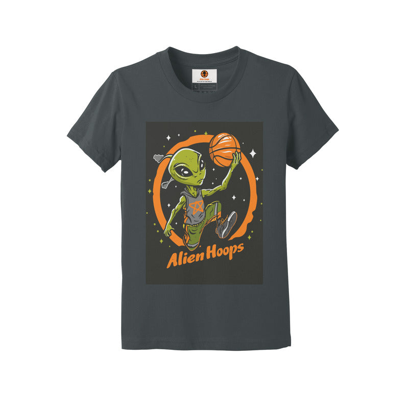 Youth Alien Hoops T-Shirt, classic ribbed collar, curl-resistant design