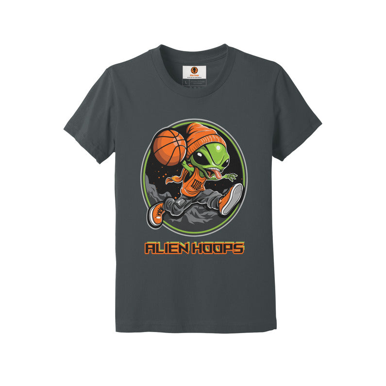 Youth Alien Hoops T-Shirt, classic ribbed collar, curl-resistant design