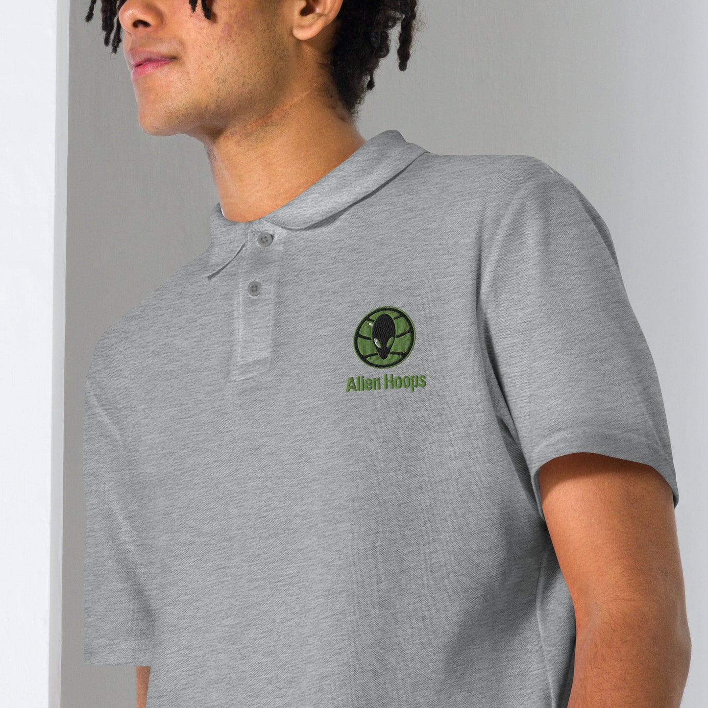 alien hoops polo, basketball polo shirt, coaches shirt, close up 2