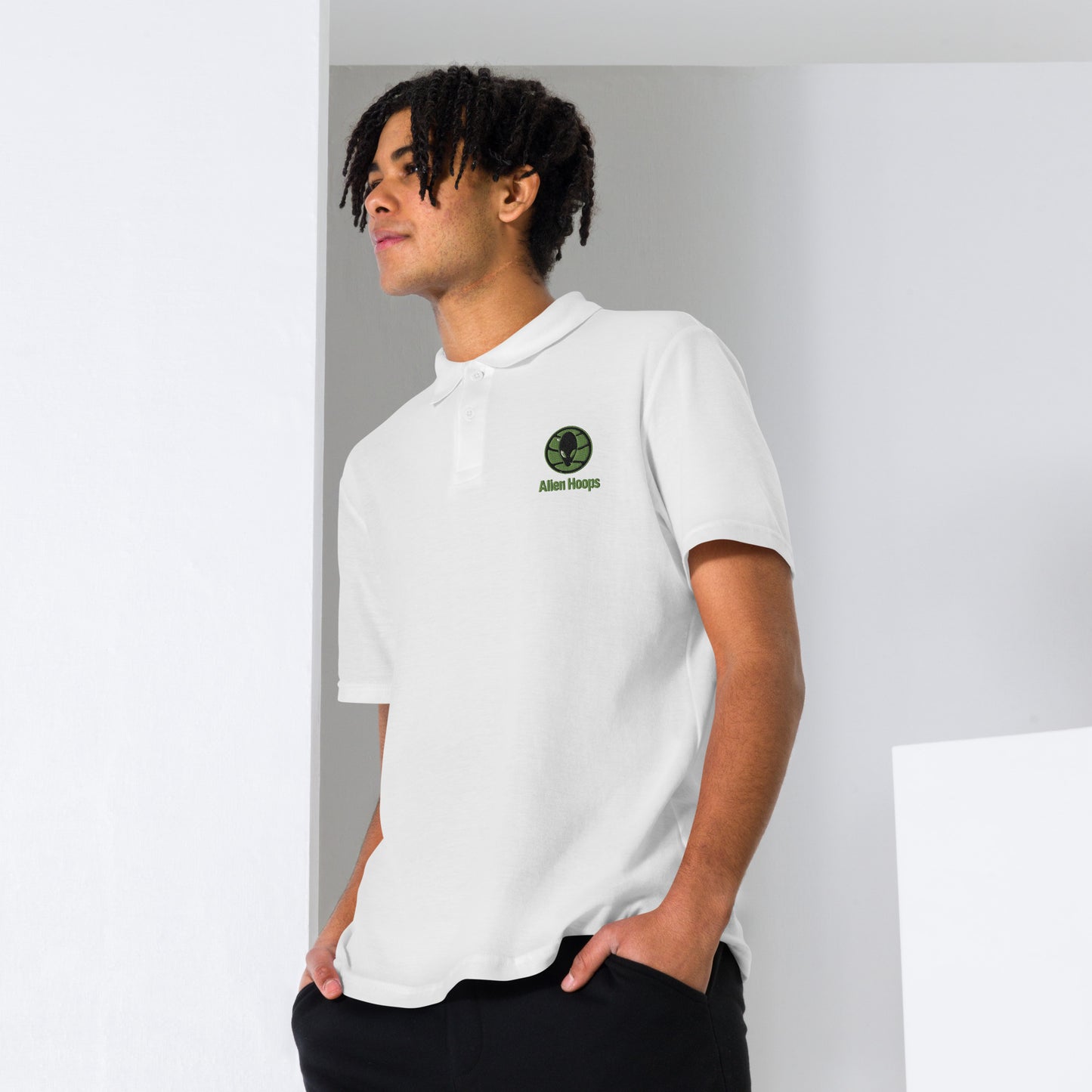 alien hoops polo, basketball polo shirt, coaches shirt, front view 2